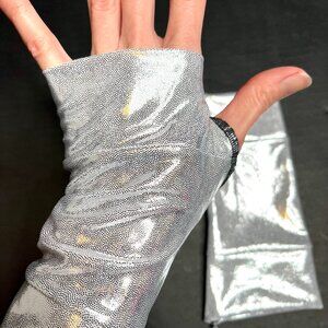 Womens Glitter Fingerless Gloves Short Silver Mystique Wrist Cuffs Hand Warmers